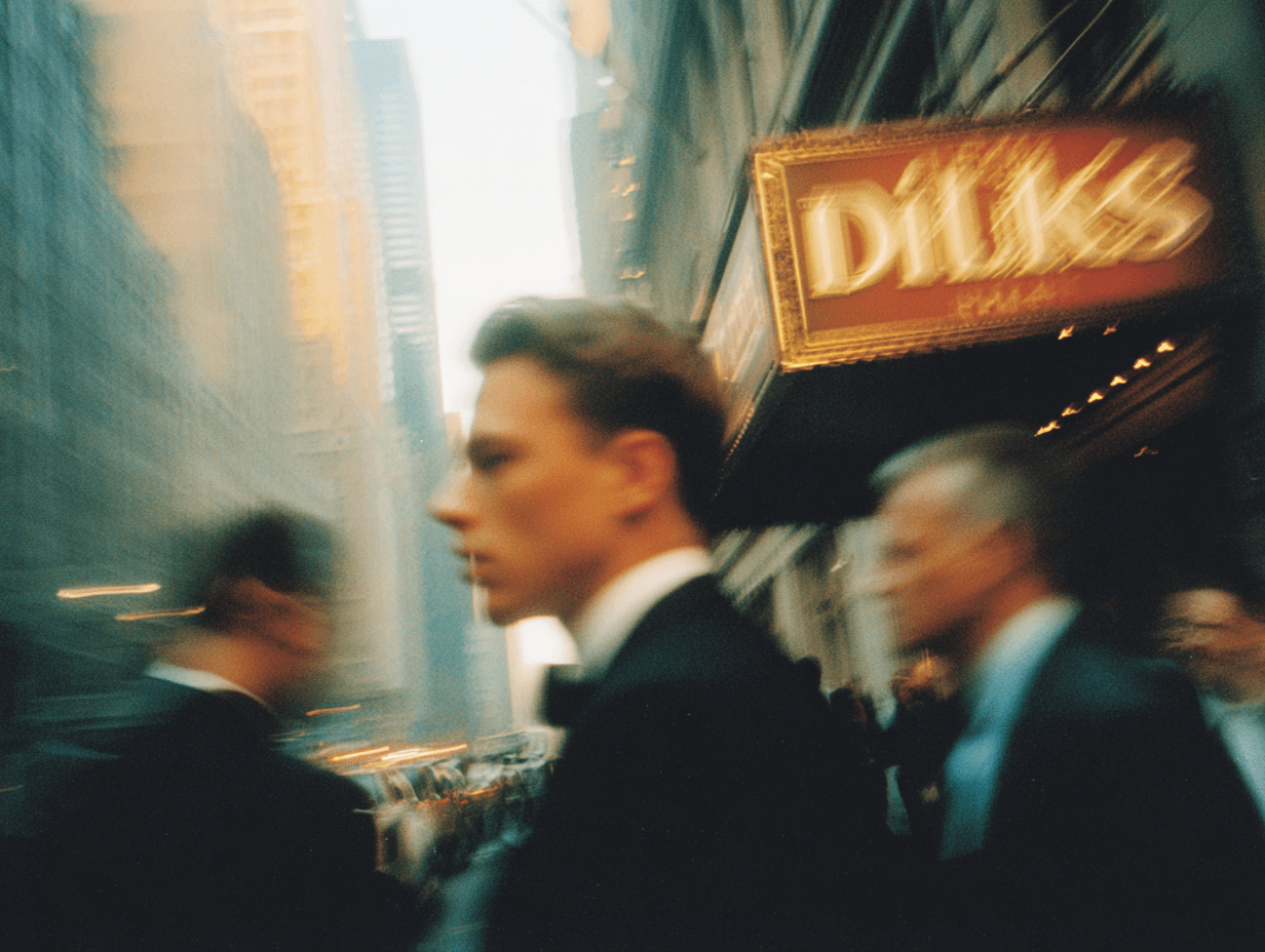 A young banker in black tie walks past a lit marquee sign on a New York City street at dusk