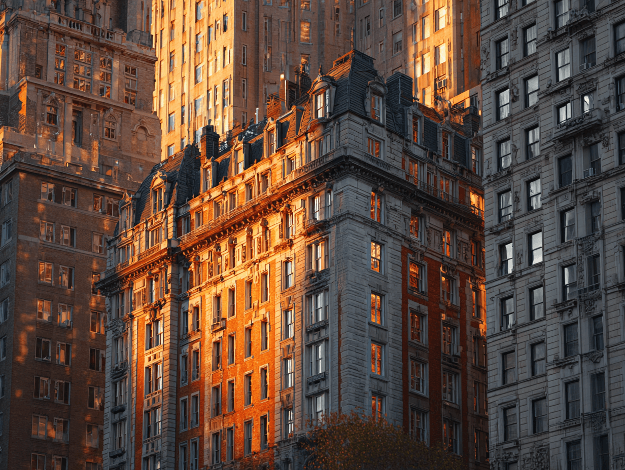 Sunlit facade of a historic New York City financial district building
